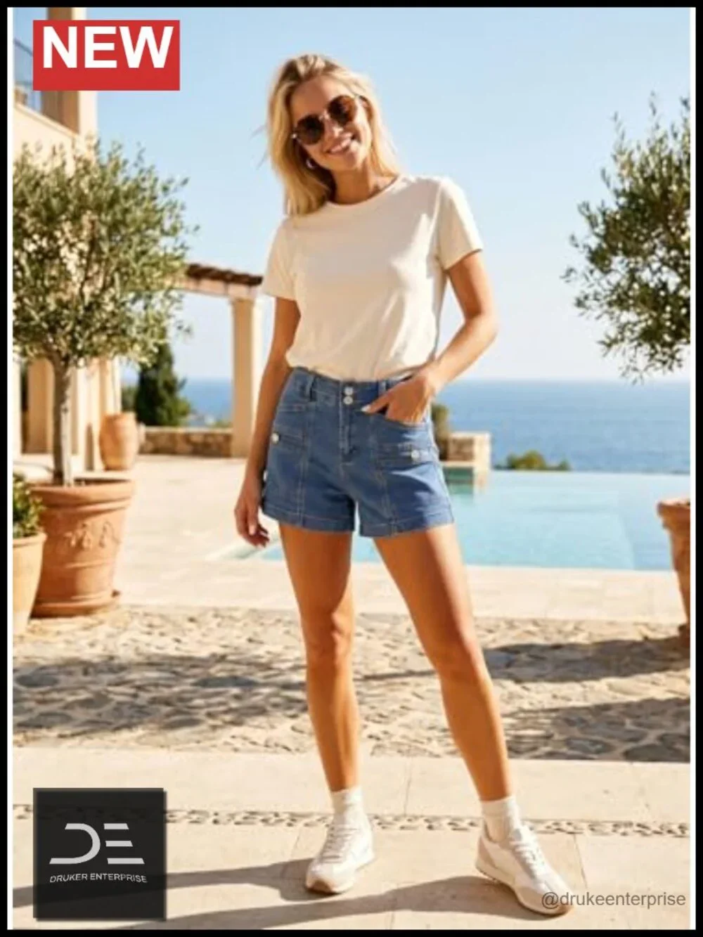 High Waisted Stretchy Denim Shorts with Double Button Fly, Casual